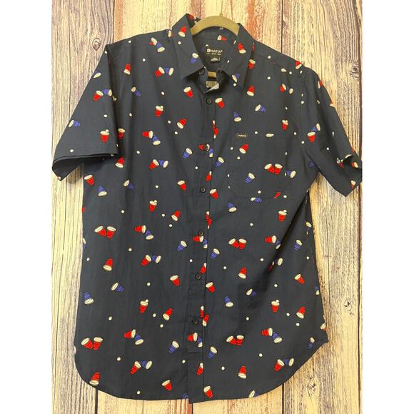 Matix Casual Button Down Short Sleeve Shirt Navy Blue Beer Pong Pattern Large - Picture 1 of 7